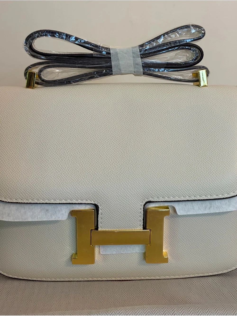 Cream Real Leather Shoulder/Crossbody Bag with Gold Hardware and H closure
